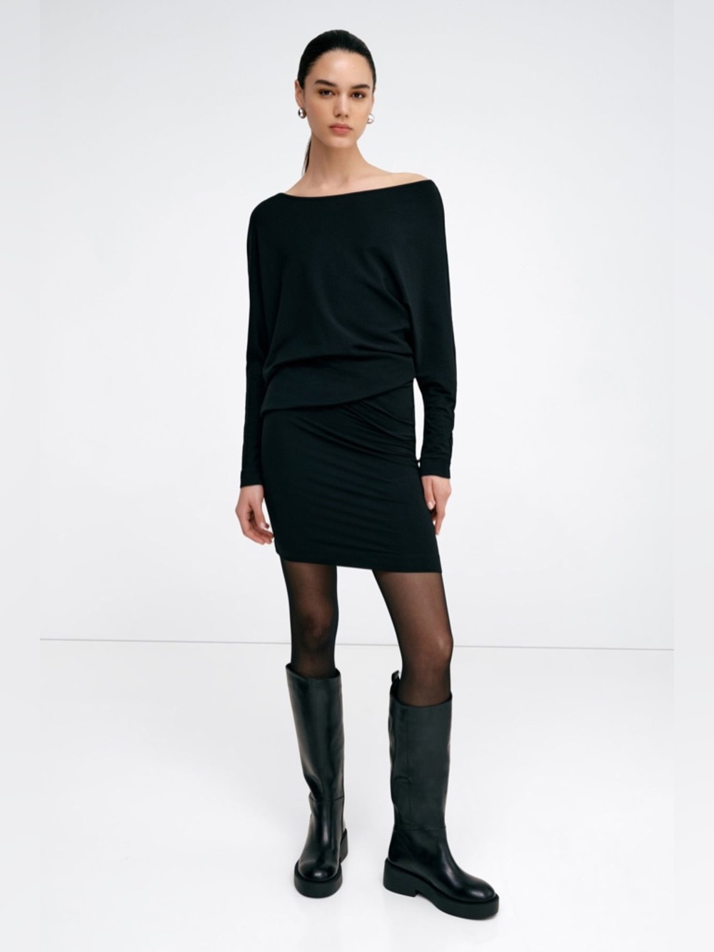 Black Off-Shoulder Long Sleeve Mini Dress